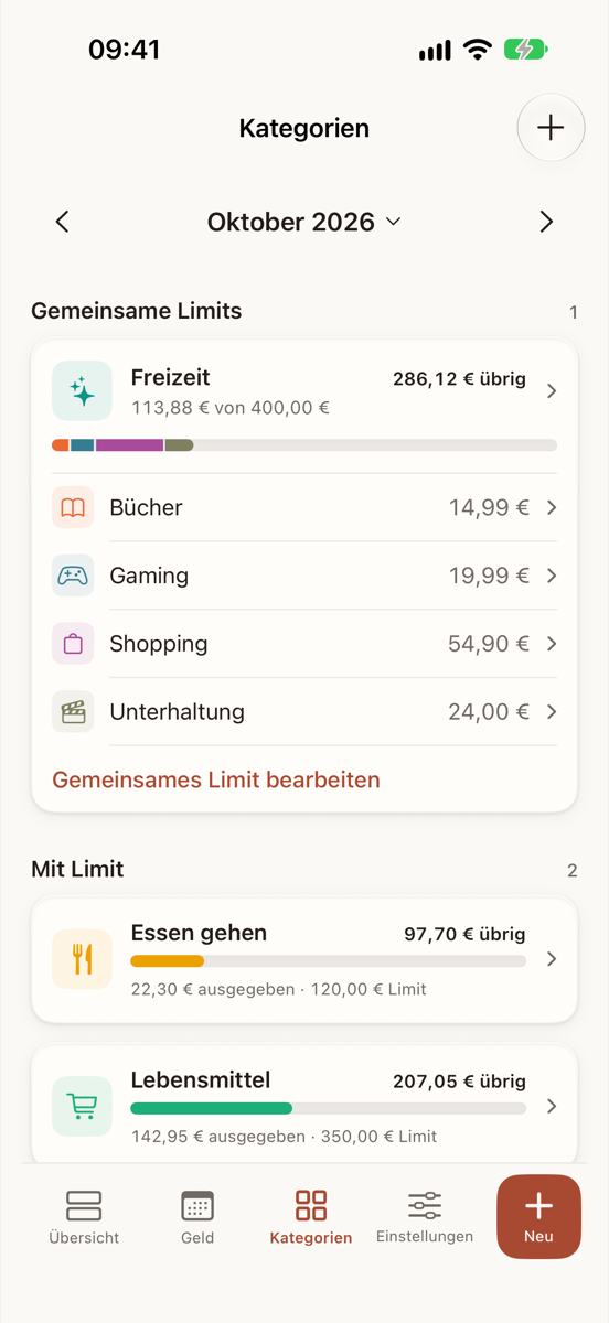 Die Kategorien. Das gemeinsame Limit Freizeit zeigt, was von 400,00 € übrig ist, mit einem unterteilten Balken und seinen vier Kategorien, danach Lebensmittel und Essen gehen mit eigenen Limits und die Kategorien ohne Limit.