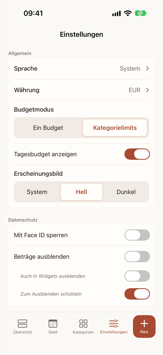 Die Einstellungen. Allgemein: Sprache, Währung, Budgetmodus mit Ein Budget oder Kategorielimits, Tagesbudget anzeigen und Darstellung. Privatsphäre: Mit Face ID sperren, Beträge ausblenden, Auch in Widgets ausblenden, Zum Ausblenden schütteln.