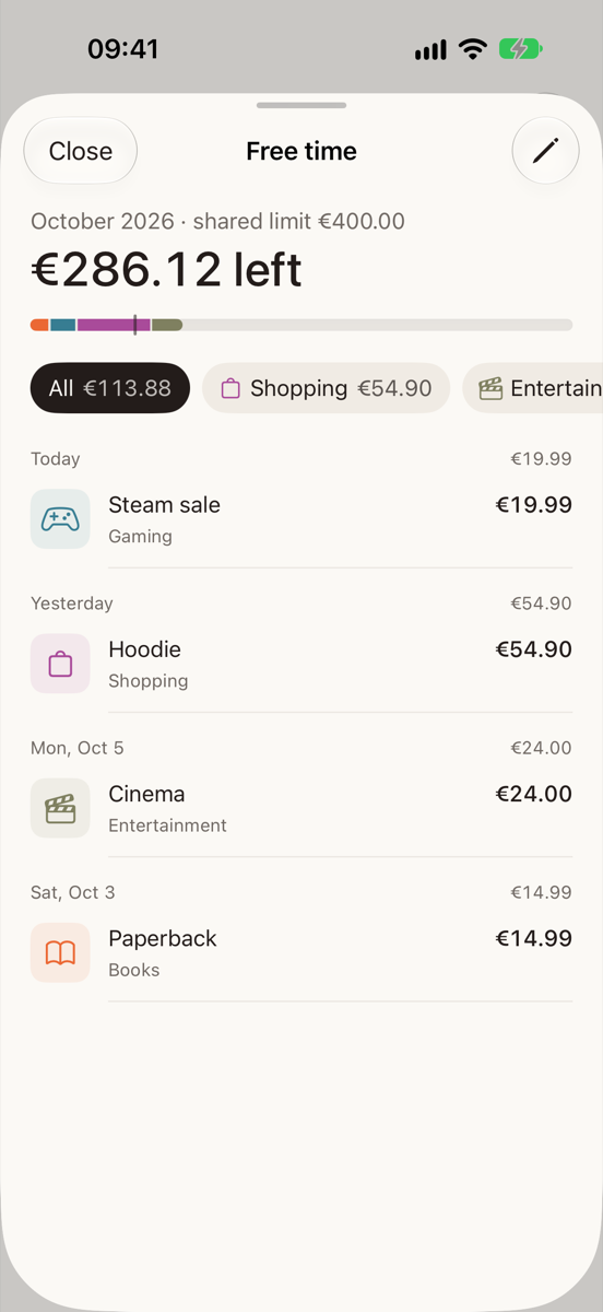 The Free time sheet opened from an Overview tile: the amount left of the €400.00 shared limit, a segmented bar by category, filter chips, and purchases such as Paperback, Steam sale and Hoodie grouped by day.