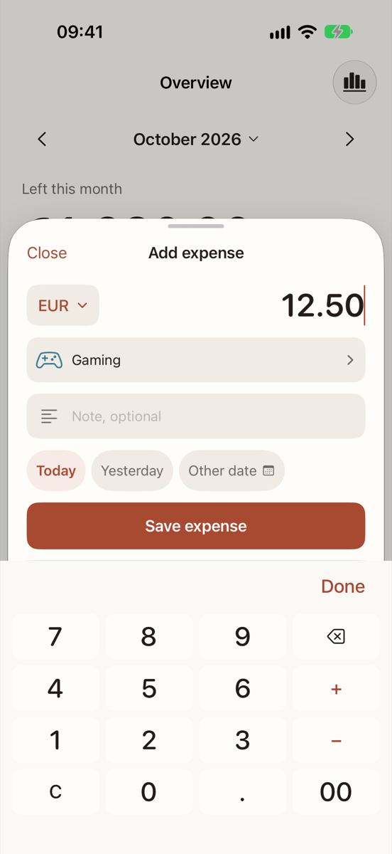 The Add expense sheet over the Overview: a currency picker, the amount, a category, an optional note, Today, Yesterday and Other date chips, a Save expense button, and a calculator keypad with plus and minus keys.