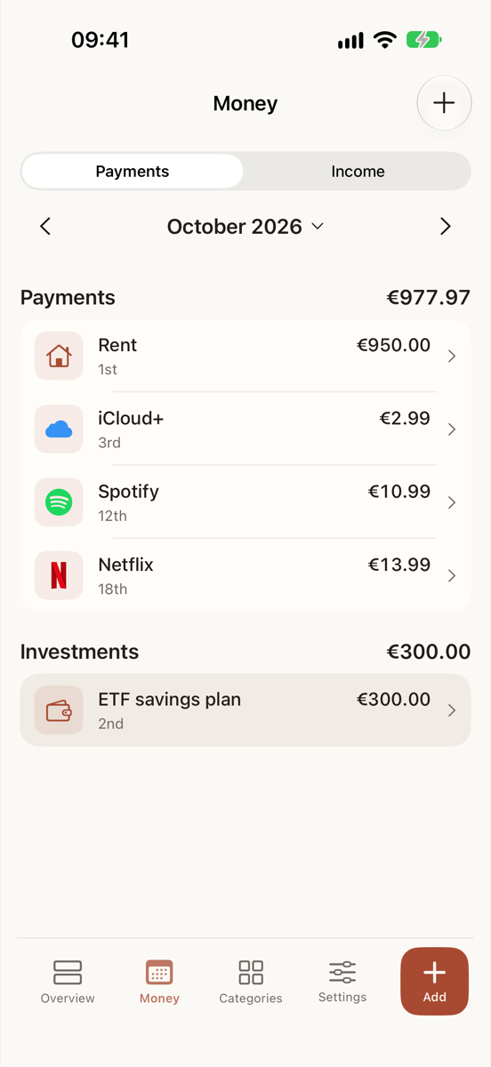 The Money screen with a Payments and Income switch. Payments: Rent, iCloud+, Spotify and Netflix with their due days and service icons. Investments: ETF savings plan.