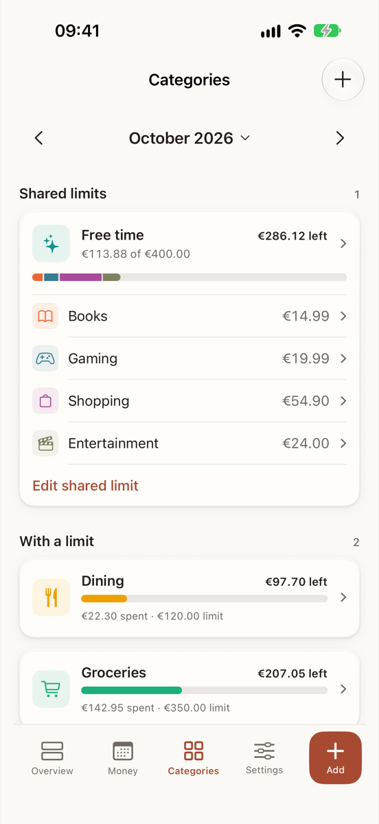 The Categories screen. The Free time shared limit shows what is left of €400.00 with a segmented bar and its four categories, then Groceries and Dining with their own limits, then the categories without one.