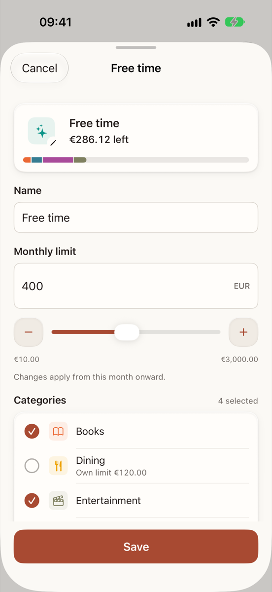 The shared limit editor for Free time: a preview card with the amount left, a Name field, a Monthly limit of 400 with a slider, Books, Entertainment, Gaming and Shopping ticked, and a Save button.