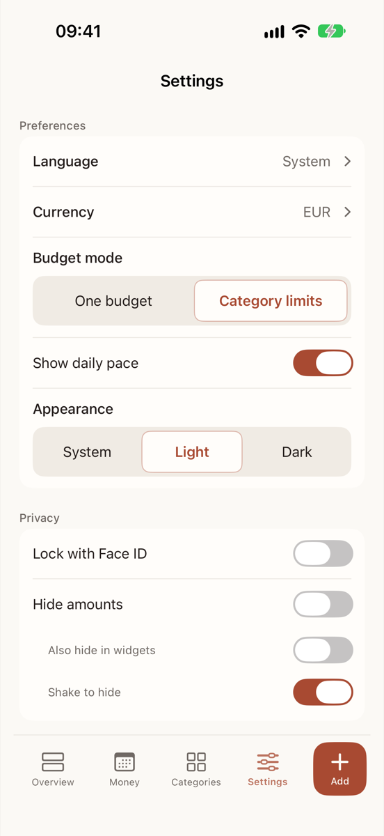 The Settings screen. Preferences: Language, Currency, Budget mode with One budget or Category limits, Show daily pace, and Appearance. Privacy: Lock with Face ID, Hide amounts, Also hide in widgets, Shake to hide.